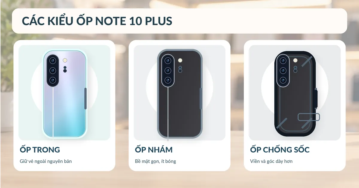 Ba hình minh họa kiểu ốp Note 10 Plus gồm ốp trong, ốp nhám và ốp có viền chống sốc.