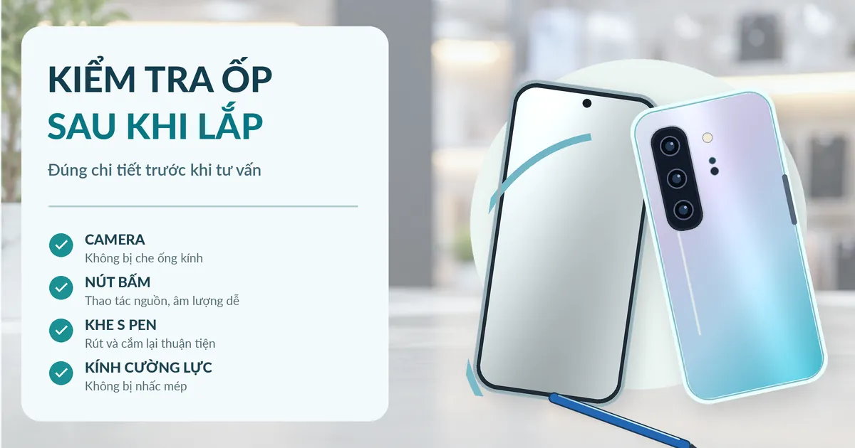 Minh họa kiểm tra ốp Note 10 Plus sau khi lắp với danh sách camera, nút bấm, khe S Pen và mép kính cường lực.
