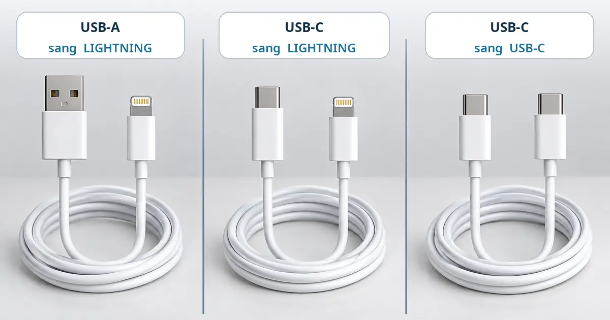 Ba loại cáp USB-A sang Lightning, USB-C sang Lightning và USB-C sang USB-C đặt cạnh nhau để so sánh.