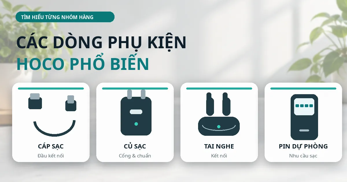 Đồ họa bốn nhóm phụ kiện Hoco phổ biến gồm cáp sạc, củ sạc, tai nghe và pin dự phòng.