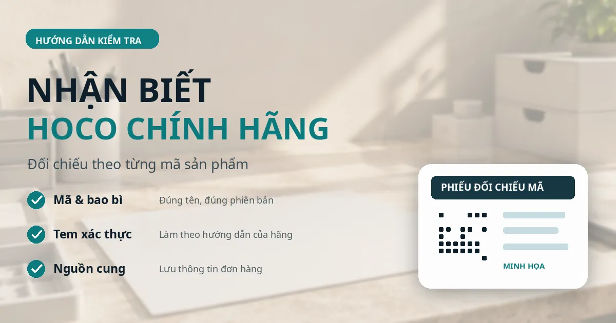 Minh họa quy trình kiểm tra mã sản phẩm, tem xác thực và thông tin nguồn cung khi chọn phụ kiện Hoco.