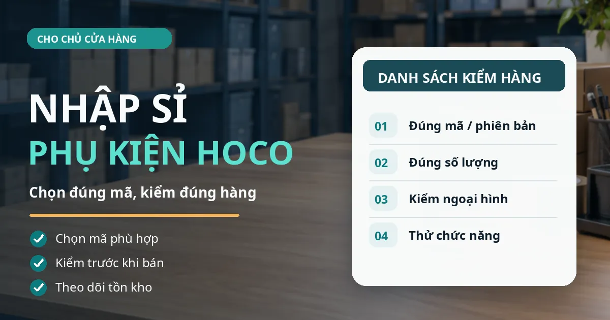 Minh họa danh sách kiểm mã, số lượng, ngoại hình và chức năng khi nhập sỉ phụ kiện Hoco cho cửa hàng.