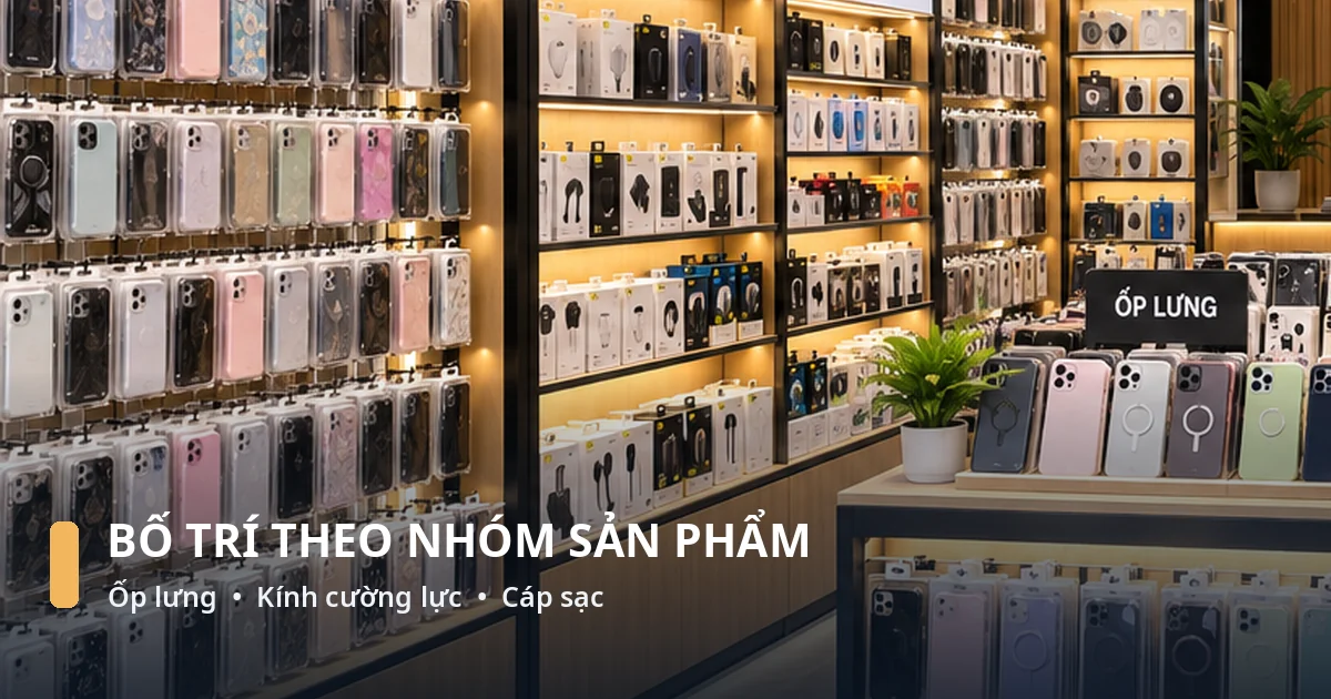 Kinh Nghiệm Thiết Kế Cửa Hàng Phụ Kiện Điện Thoại Dễ Bán Kệ trưng bày ốp lưng và phụ kiện điện thoại được sắp xếp theo từng nhóm dễ quan sát.