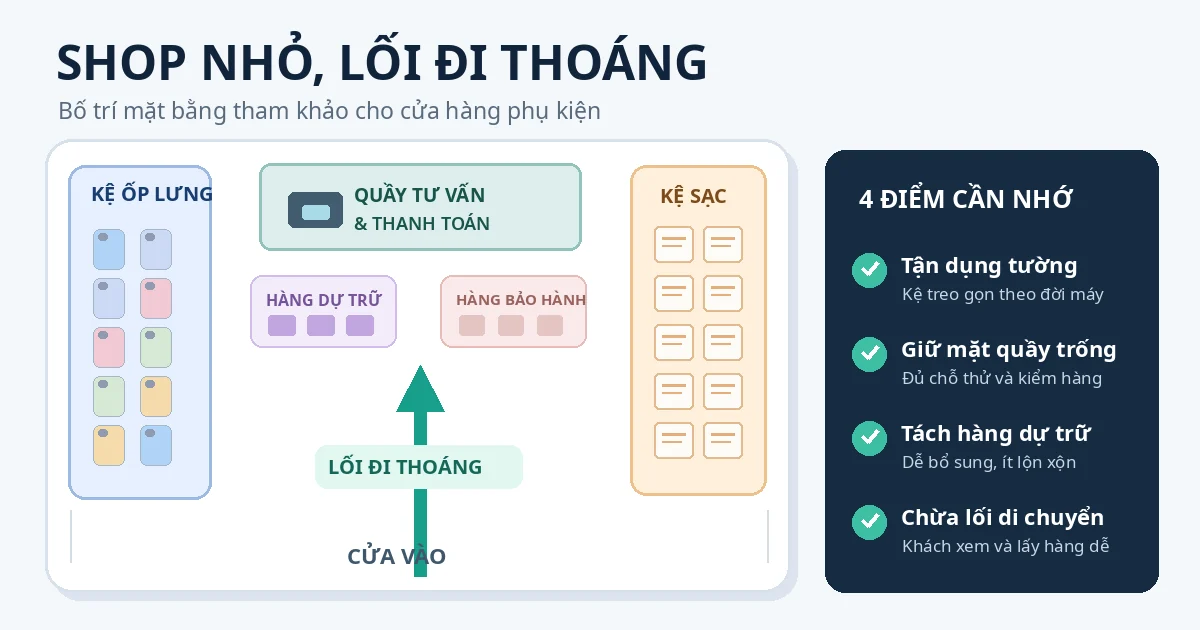 Kinh Nghiệm Thiết Kế Cửa Hàng Phụ Kiện Điện Thoại Dễ Bán Sơ đồ minh họa shop phụ kiện điện thoại nhỏ với kệ áp tường, quầy thanh toán và lối đi giữa thông thoáng.
