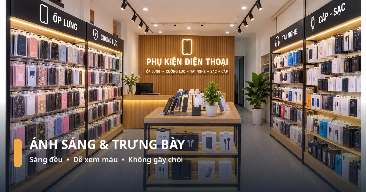 Kinh Nghiệm Thiết Kế Cửa Hàng Phụ Kiện Điện Thoại Dễ Bán Hệ thống đèn rọi và kệ phụ kiện điện thoại sáng đều giúp nhìn rõ màu sắc sản phẩm.