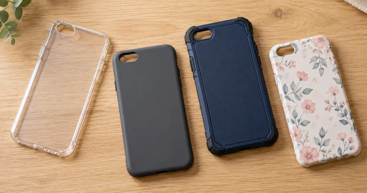Ốp Lưng iPhone 6s Plus: Cách Chọn Mẫu Phù Hợp, Dễ Dùng Bốn kiểu ốp điện thoại minh họa gồm ốp trong, ốp nhám màu trơn, ốp chống sốc và ốp họa tiết hoa trên bàn gỗ.
