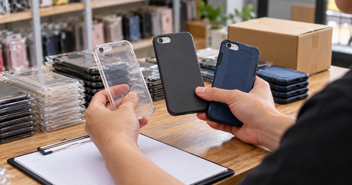 Ốp Lưng iPhone 6s Plus: Cách Chọn Mẫu Phù Hợp, Dễ Dùng Người bán phụ kiện tại bàn kiểm hàng lựa chọn ốp trong, ốp màu đen và ốp chống sốc, cạnh các lô hàng đóng gói.