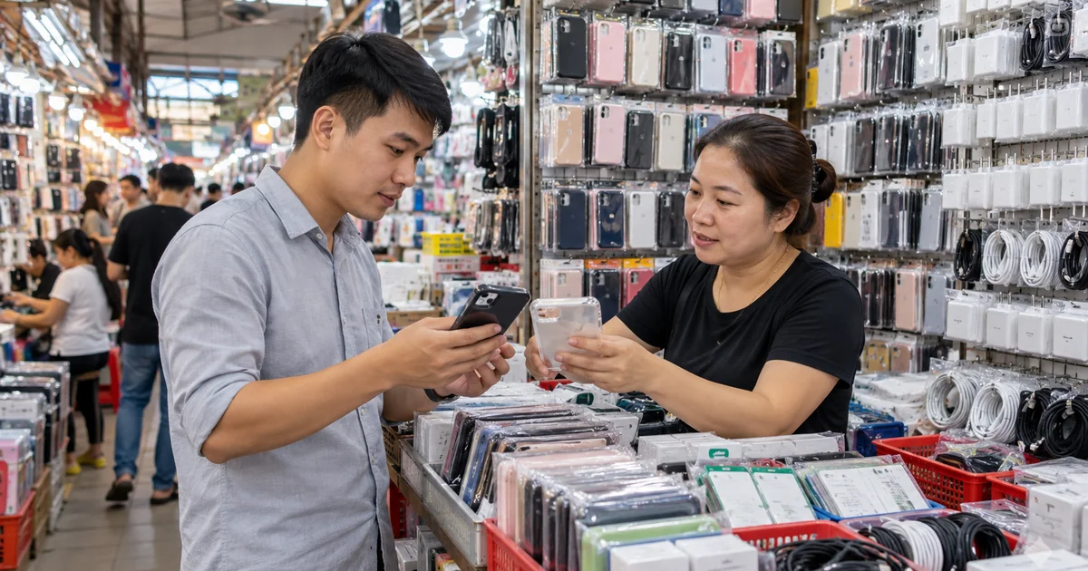 Nguồn sỉ phụ kiện điện thoại: Người mua xem và so sánh hai mẫu ốp lưng tại quầy bán buôn phụ kiện điện thoại ở chợ đầu mối