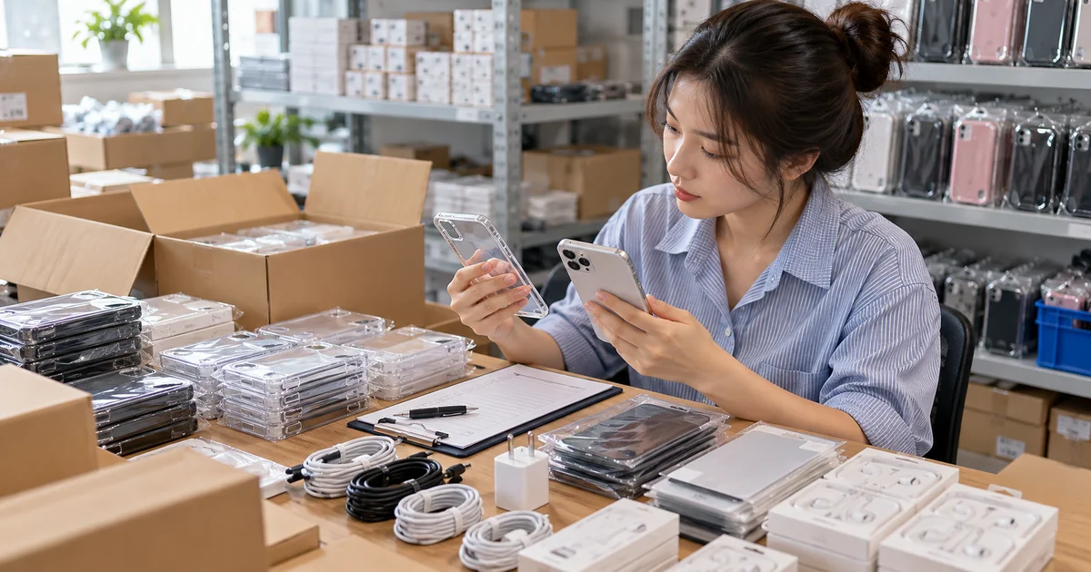 Nhân viên kho đối chiếu ốp lưng với điện thoại và phiếu kiểm hàng trên bàn phụ kiện.