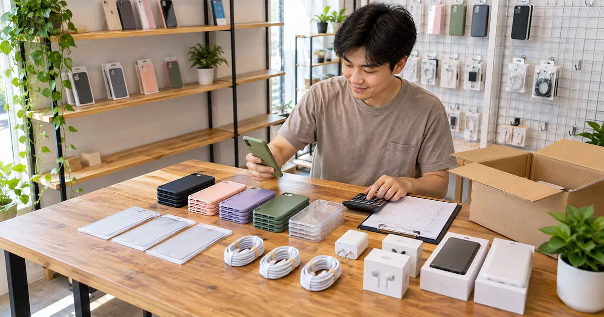 Chủ cửa hàng phụ kiện mới chọn nhiều mẫu ốp lưng, cáp sạc và củ sạc với số lượng nhập thử vừa phải.