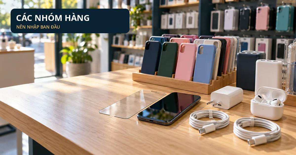Mở Cửa Hàng Phụ Kiện Điện Thoại Nên Nhập Gì Trước? Bàn trưng bày các mặt hàng phụ kiện điện thoại gồm ốp lưng nhiều màu, kính bảo vệ màn hình, cáp sạc, củ sạc và tai nghe không dây.