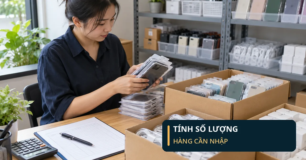 Mở Cửa Hàng Phụ Kiện Điện Thoại Nên Nhập Gì Trước? Nhân viên kiểm đếm phụ kiện điện thoại đóng gói theo nhóm tại bàn làm việc, bên cạnh sổ ghi chép và máy tính cầm tay.
