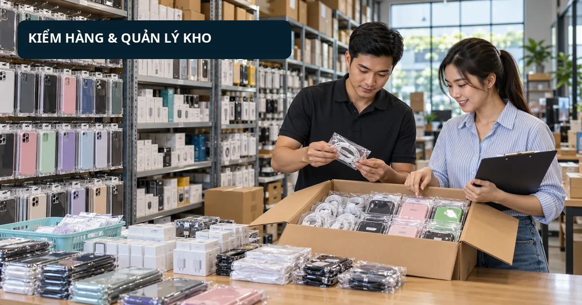 Mở Cửa Hàng Phụ Kiện Điện Thoại Nên Nhập Gì Trước? Hai nhân viên tại kho phụ kiện điện thoại kiểm tra cáp sạc, ốp lưng và hàng trong thùng carton đối chiếu với phiếu kiểm hàng.