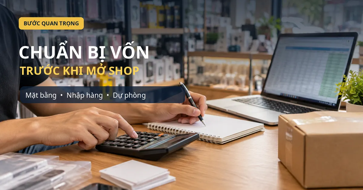 Người chủ shop tính toán chi phí trên máy tính và ghi chép kế hoạch vốn mở cửa hàng điện thoại.