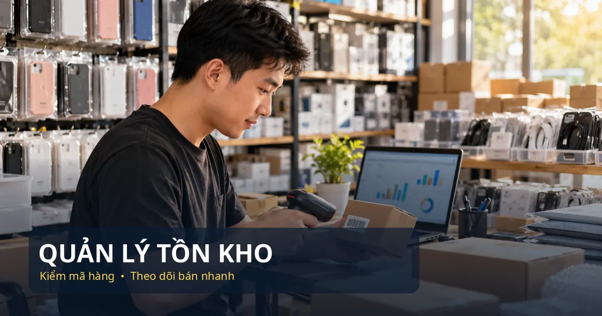 Người bán kiểm mã đơn hàng bằng máy quét tại kho phụ kiện điện thoại, bên cạnh máy tính quản lý.