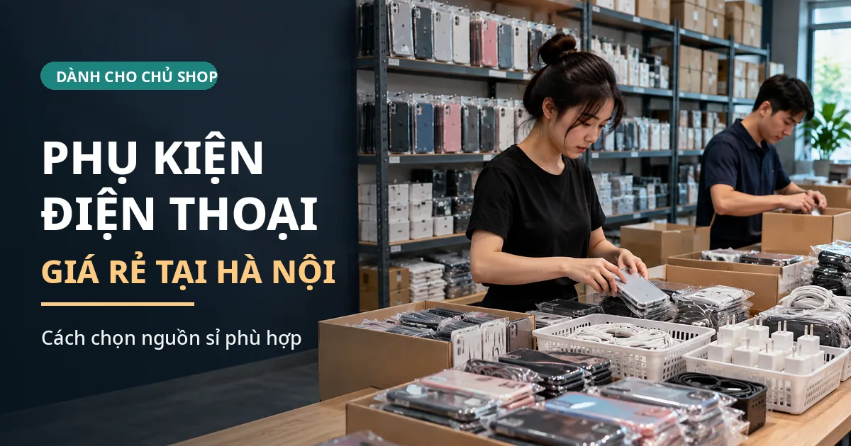 Minh họa kho phụ kiện điện thoại tại Hà Nội với nhân viên soạn ốp lưng, cáp sạc và củ sạc cho đơn sỉ.