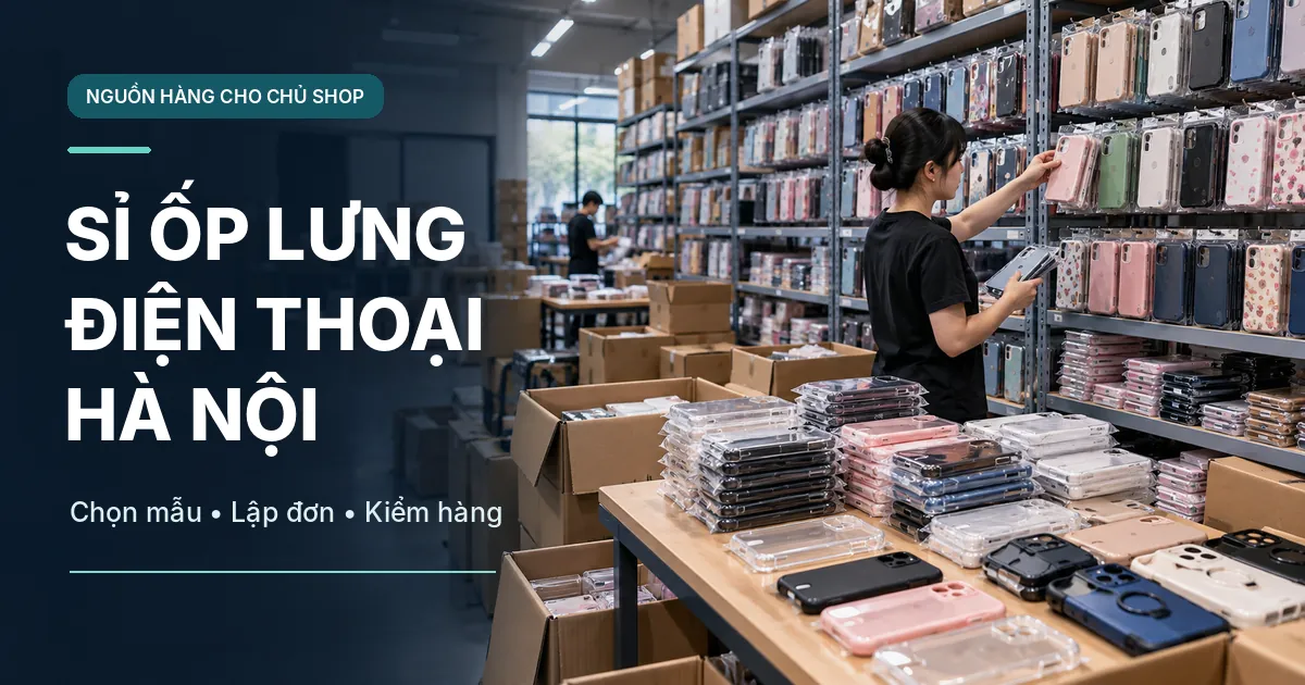 Kho sỉ ốp lưng điện thoại tại Hà Nội với kệ hàng nhiều mẫu và bàn soạn đơn cho cửa hàng.