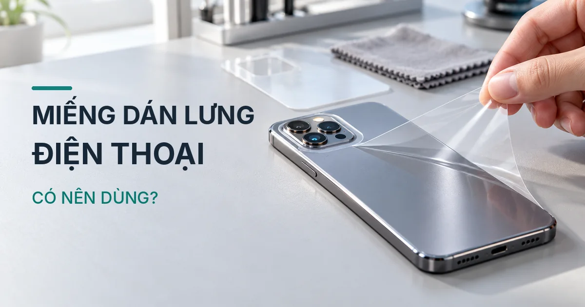 Cận cảnh miếng dán lưng trong suốt được nâng lên khỏi mặt sau điện thoại màu bạc trên bàn làm việc