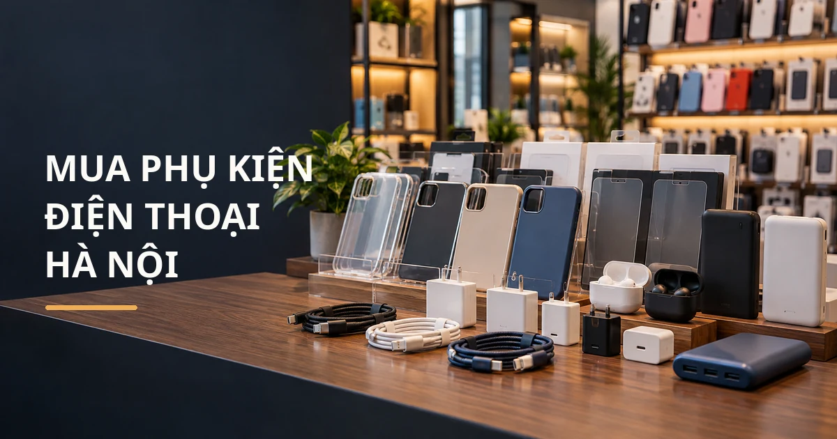 Quầy trưng bày nhiều mẫu ốp lưng, cáp sạc, củ sạc, tai nghe và pin dự phòng minh họa mua phụ kiện điện thoại tại Hà Nội.