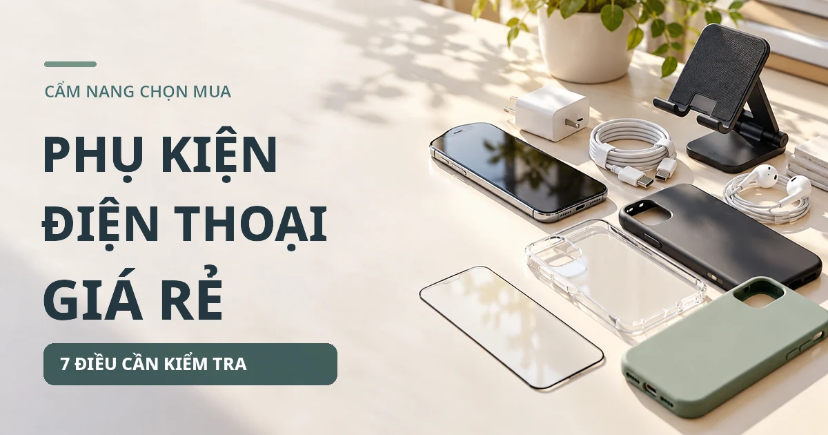 Các phụ kiện điện thoại giá rẻ gồm ốp lưng, kính cường lực, dây sạc, củ sạc, tai nghe và giá đỡ được bày trên bàn.