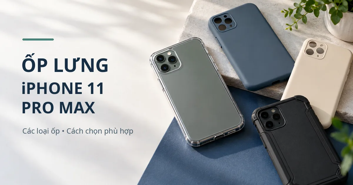 Minh họa các kiểu ốp lưng iPhone 11 Pro Max gồm ốp trong suốt, ốp màu và ốp chống sốc trên bàn.