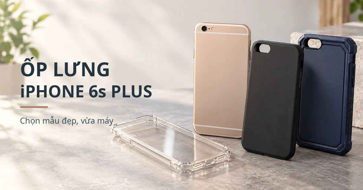 Minh họa điện thoại kiểu dáng iPhone 6s Plus đặt cạnh ốp trong suốt, ốp nhám đen và ốp chống sốc xanh.