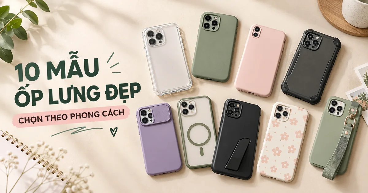 Bộ sưu tập minh họa các mẫu ốp lưng điện thoại đẹp gồm ốp trong, màu trơn, chống sốc, từ tính và họa tiết.