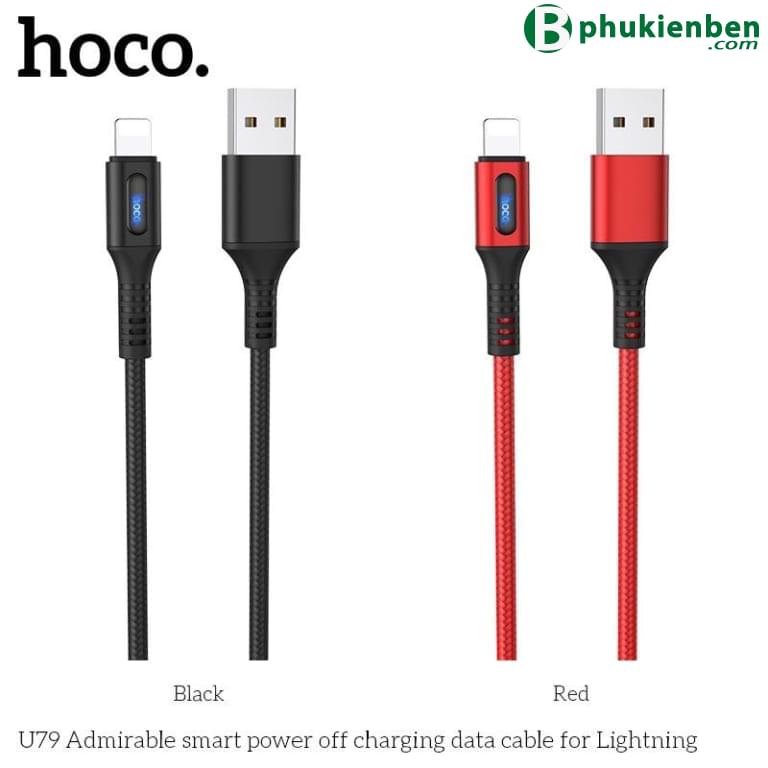 Cáp Hoco U79 Lightning 1.2M - Ngắt điện thông minh đen đỏ