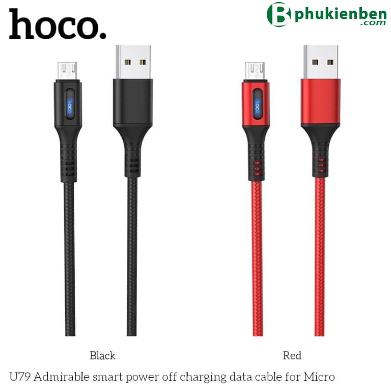 Cáp Hoco U79 Micro 1.2M - Ngắt điện thông minh mầu đen đỏ