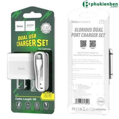 Bộ Sạc Hoco C73 Lightning 2 Cổng USB 2.4A Kèm Cáp 1m