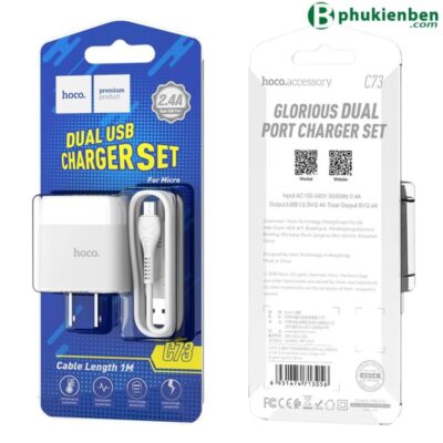 Bộ Sạc Hoco C73 Micro 2 Cổng USB-A 2.4A Kèm Cáp 1m