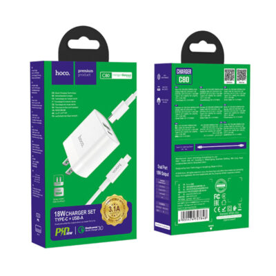 Bộ Sạc Hoco C80 Lightning Kèm Cáp 1m, Hỗ Trợ QC3.0 Và PD