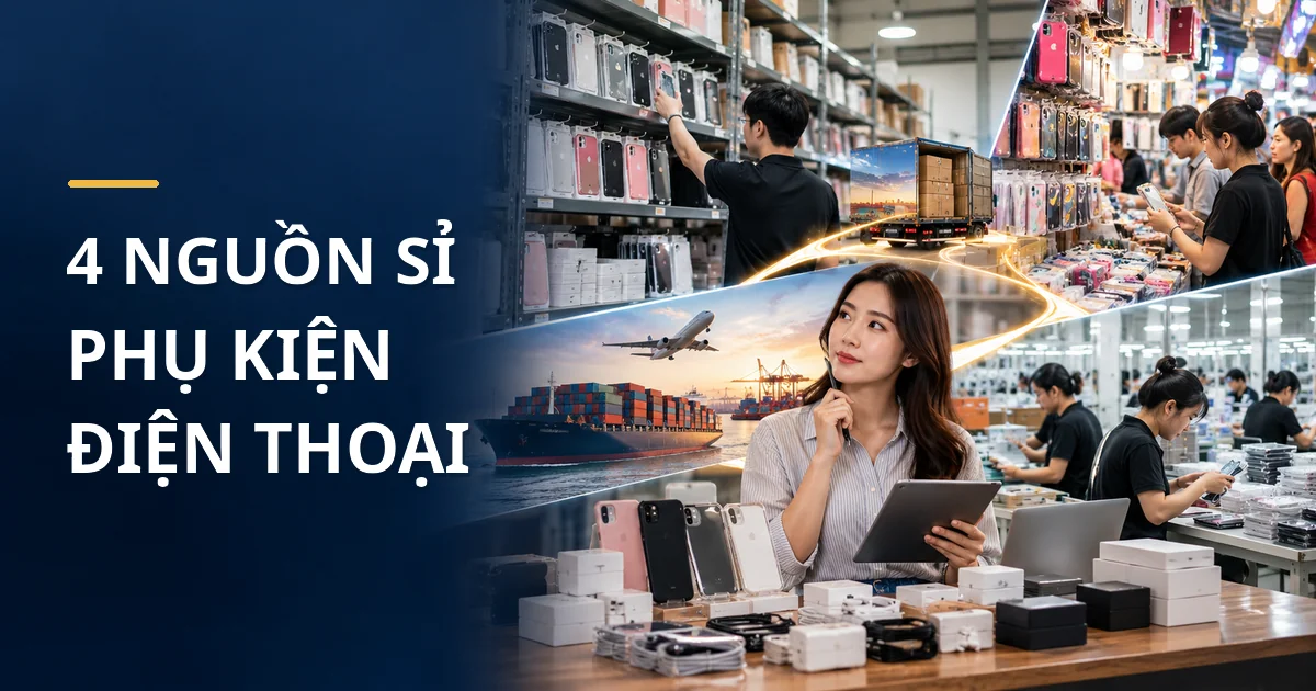 Minh họa bốn nguồn sỉ phụ kiện điện thoại gồm kho trong nước, chợ đầu mối, nhập khẩu và xưởng sản xuất.