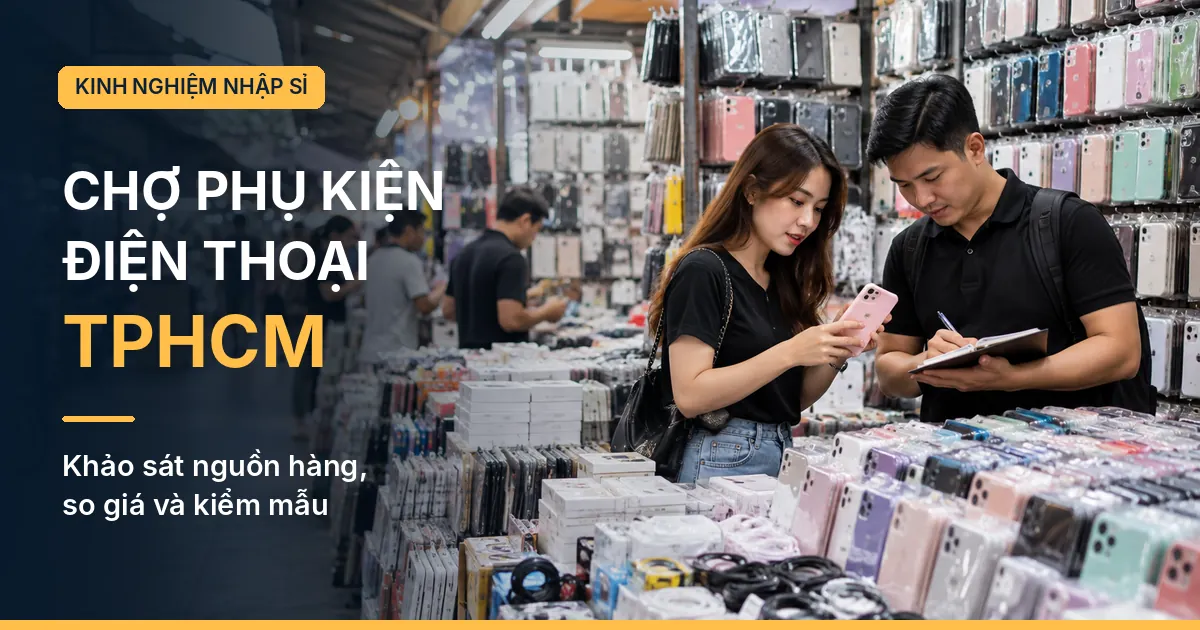 Chợ phụ kiện điện thoại TPHCM với gian hàng ốp lưng, cáp sạc và khách khảo sát nguồn sỉ