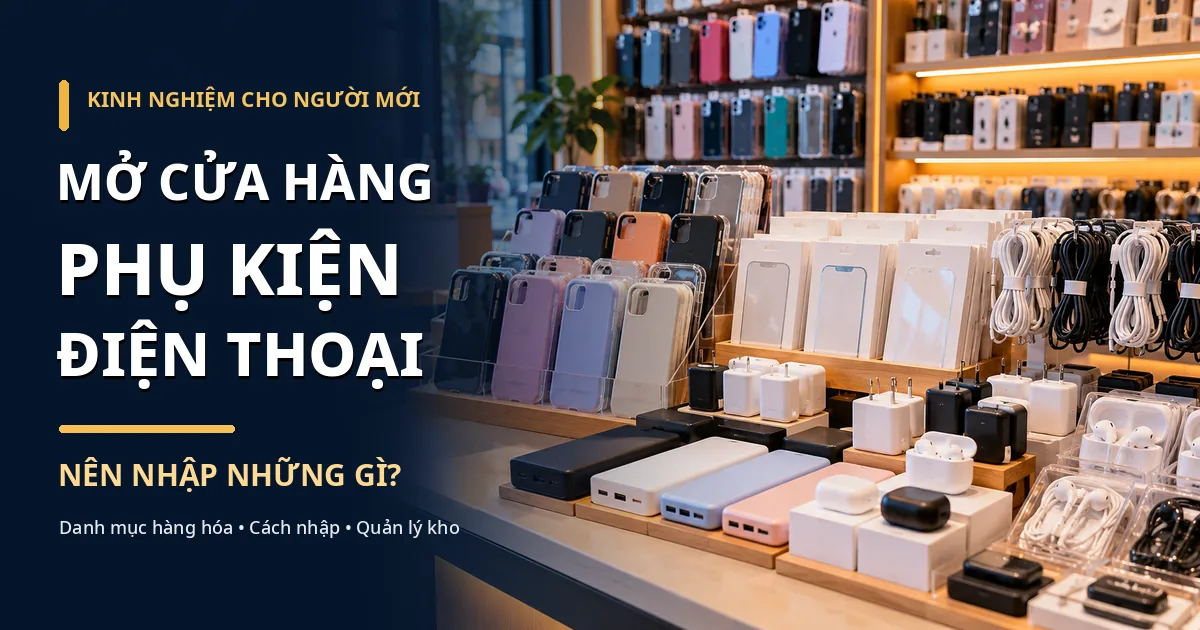 Ảnh đại diện bài viết về những hàng hóa cần nhập khi mở cửa hàng phụ kiện điện thoại, minh họa quầy trưng bày ốp lưng, cáp sạc, củ sạc, tai nghe và pin dự phòng.