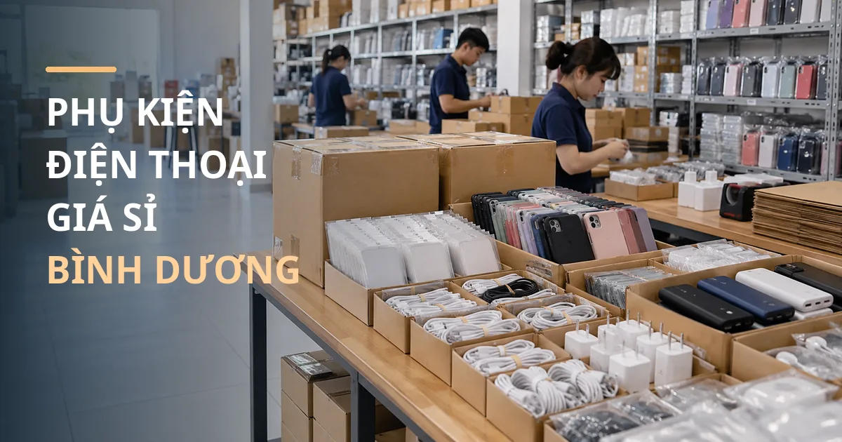 Bàn hàng sỉ phụ kiện điện thoại với ốp lưng, kính cường lực, cáp sạc và củ sạc trong không gian kho đóng đơn.