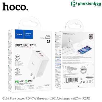 Bộ củ cáp sạc nhanh 40W Hoco C126 lightning (1 usb 2 typeC)