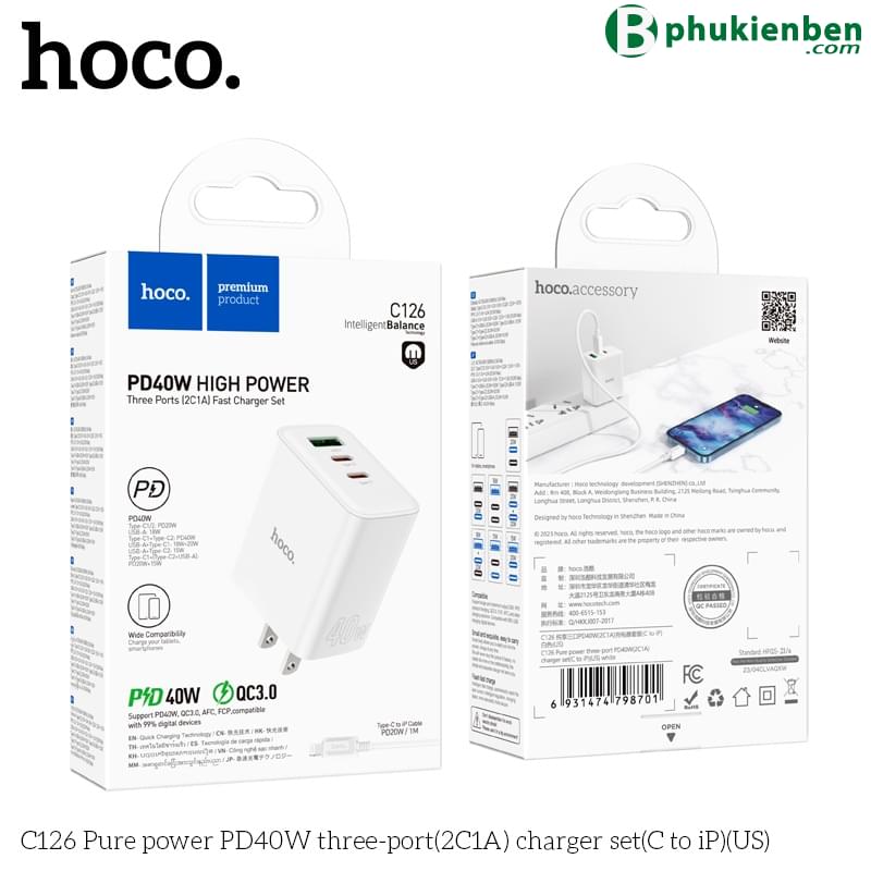 Bộ củ cáp sạc nhanh 40W Hoco C126 lightning (1 usb 2 typeC)1