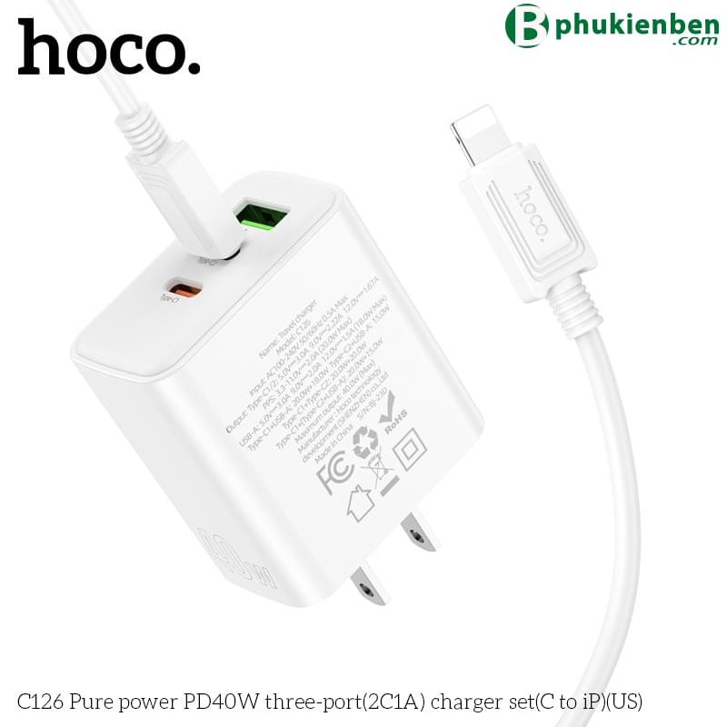 Bộ củ cáp sạc nhanh 40W Hoco C126 lightning (1 usb 2 typeC)2