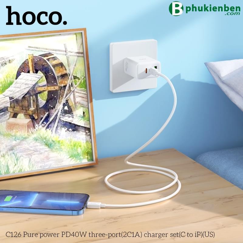 Bộ củ cáp sạc nhanh 40W Hoco C126 lightning (1 usb 2 typeC)3