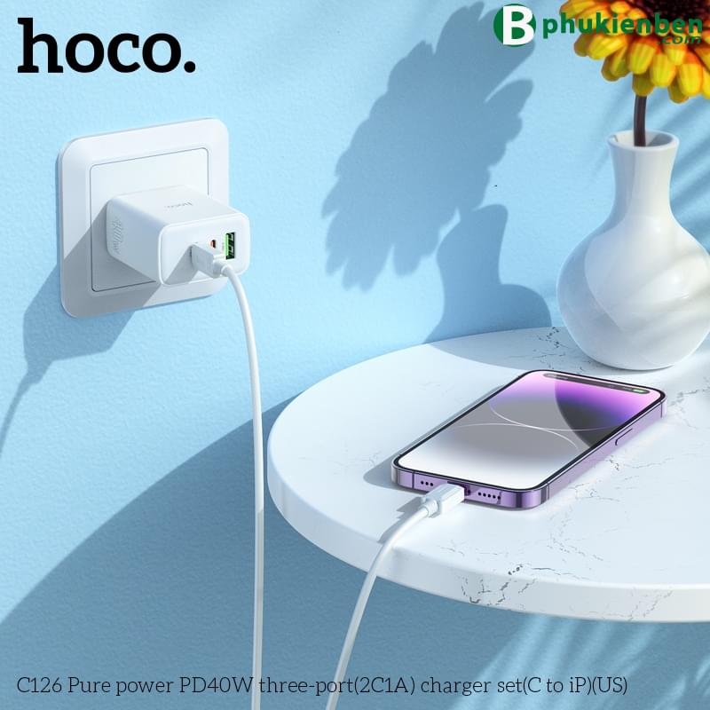 Bộ củ cáp sạc nhanh 40W Hoco C126 lightning (1 usb 2 typeC)4