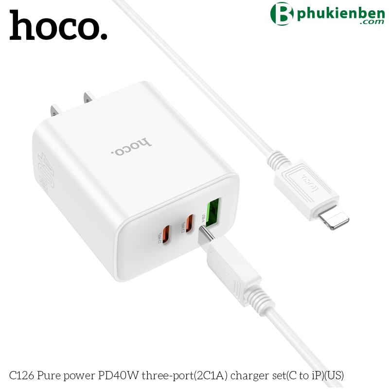 Bộ củ cáp sạc nhanh 40W Hoco C126 lightning (1 usb 2 typeC)5 Sản phẩm Hoco C126 là sự kết hợp hoàn hảo giữa hiệu suất và độ bền