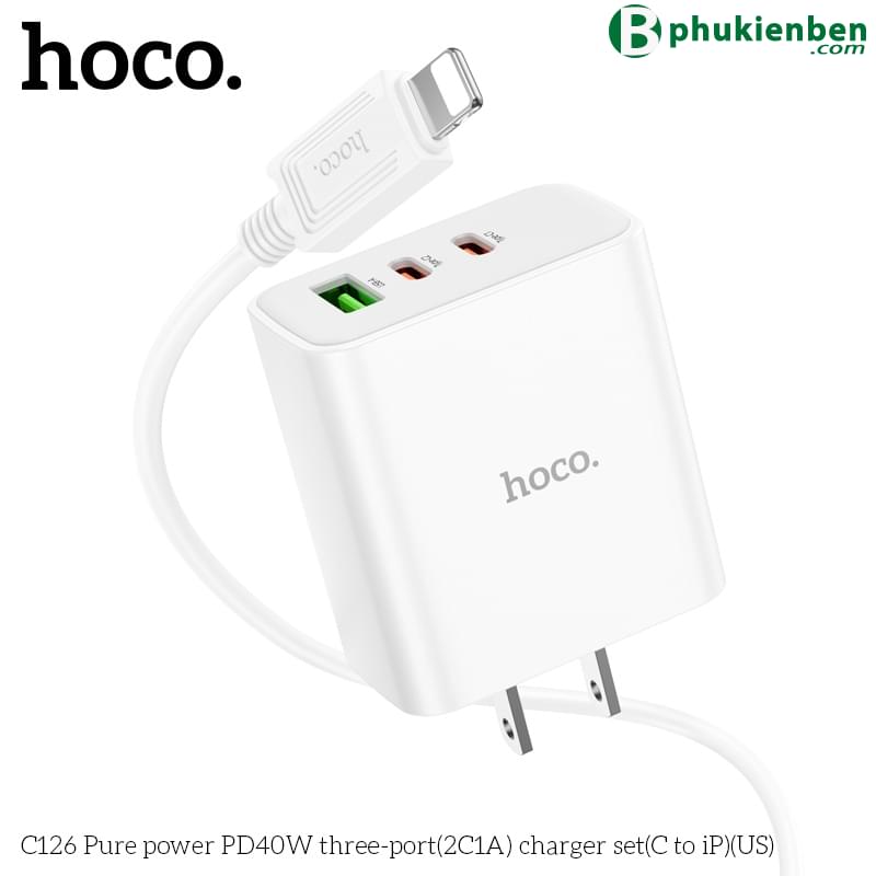Bộ củ cáp sạc nhanh 40W Hoco C126 lightning (1 usb 2 typeC)6 Bộ củ cáp sạc Hoco C126 không chỉ cung cấp một cổng sạc lightning mà còn có 2 cổng loại USB-C
