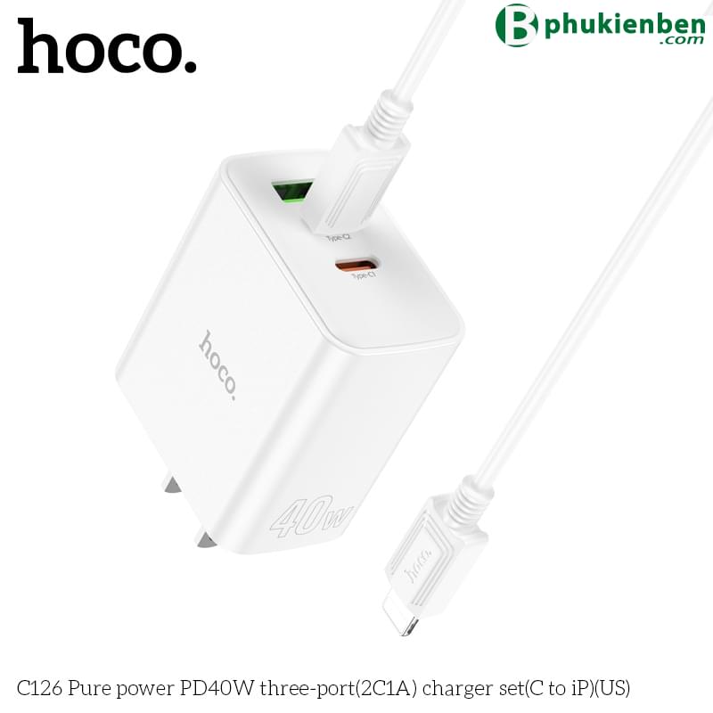 Bộ củ cáp sạc nhanh 40W Hoco C126 lightning (1 usb 2 typeC)7