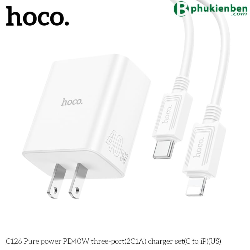 Bộ củ cáp sạc nhanh 40W Hoco C126 lightning (1 usb 2 typeC)8