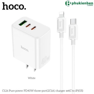 Bộ củ cáp sạc nhanh 40W Hoco C126 lightning (1 usb 2 typeC) Bộ củ cáp sạc nhanh 40W Hoco C126 lightning (1 usb 2 typeC) là một sản phẩm phụ kiện di động tuyệt vời