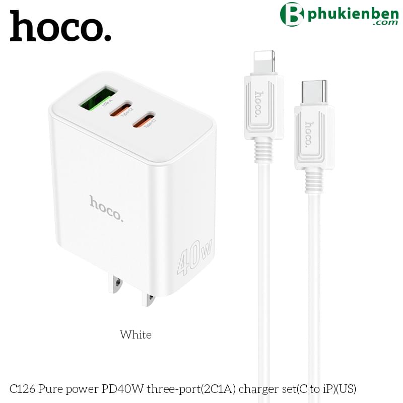 Bộ củ cáp sạc nhanh 40W Hoco C126 lightning (1 usb 2 typeC)9 Bộ củ cáp sạc nhanh 40W Hoco C126 lightning (1 usb 2 typeC) là một sản phẩm phụ kiện di động tuyệt vời