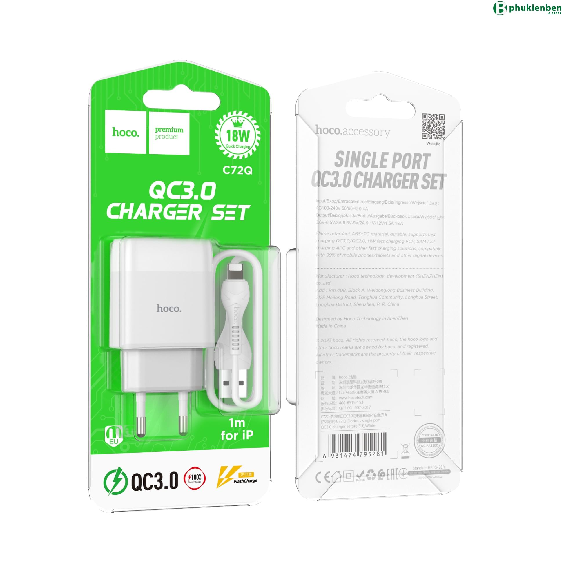 Bộ củ cáp sạc nhanh Hoco C72Q lightning 18W01