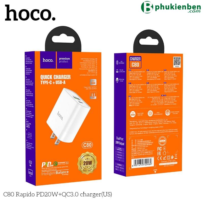 Củ Sạc Hoco C80 - Hỗ trợ sạc nhanh QC3.0 PD20W1
