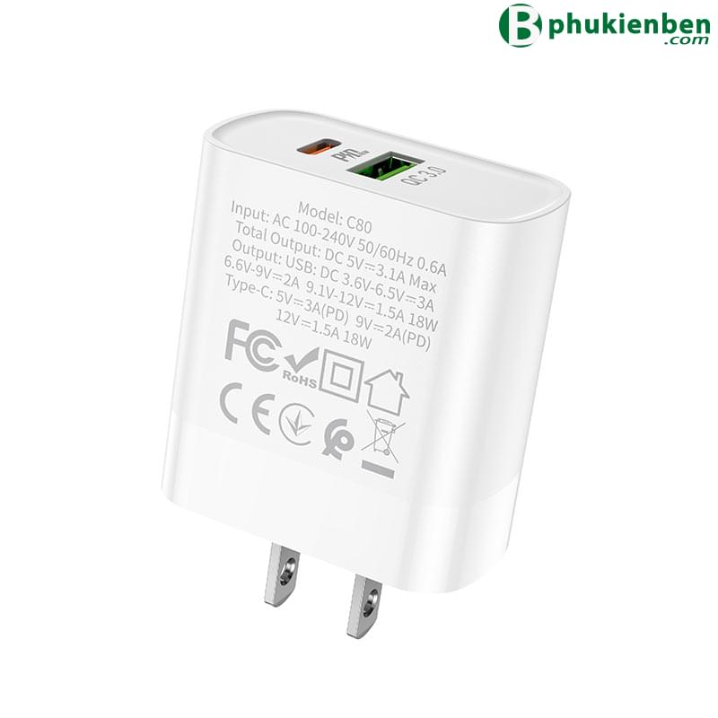 Củ Sạc Hoco C80 - Hỗ trợ sạc nhanh QC3.0 PD20W2 Củ Sạc Hoco C80 là khả năng hỗ trợ sạc nhanh QC3.0